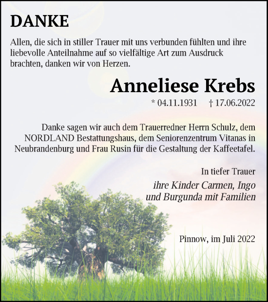 Traueranzeige von Anneliese Krebs von Neubrandenburger Zeitung