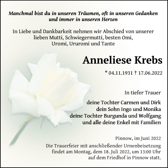 Traueranzeige von Anneliese Krebs von Neubrandenburger Zeitung