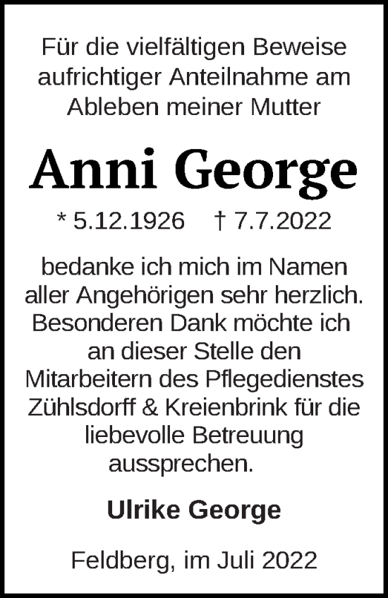 Traueranzeige von Anni George von Strelitzer Zeitung