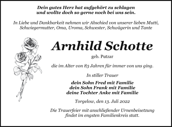 Traueranzeige von Arnhild Schotte von Haff-Zeitung