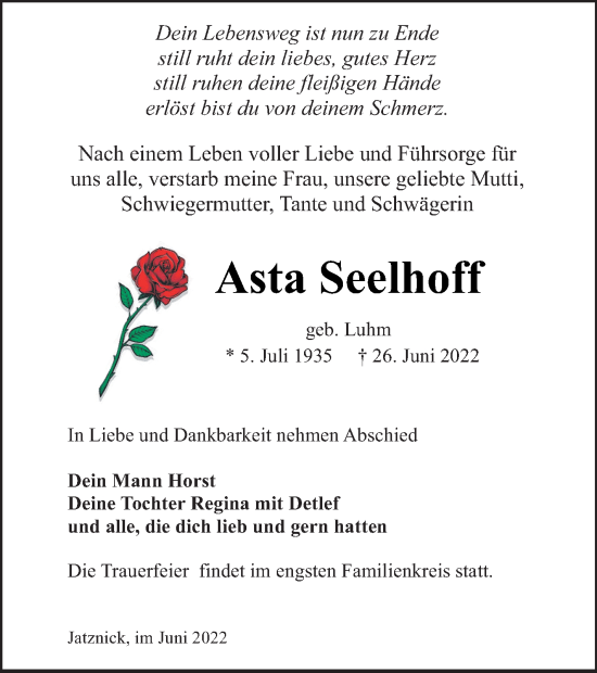 Traueranzeige von Asta Seelhoff von Pasewalker Zeitung