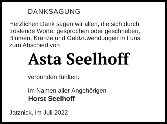 Traueranzeige von Asta Seelhoff von Pasewalker Zeitung