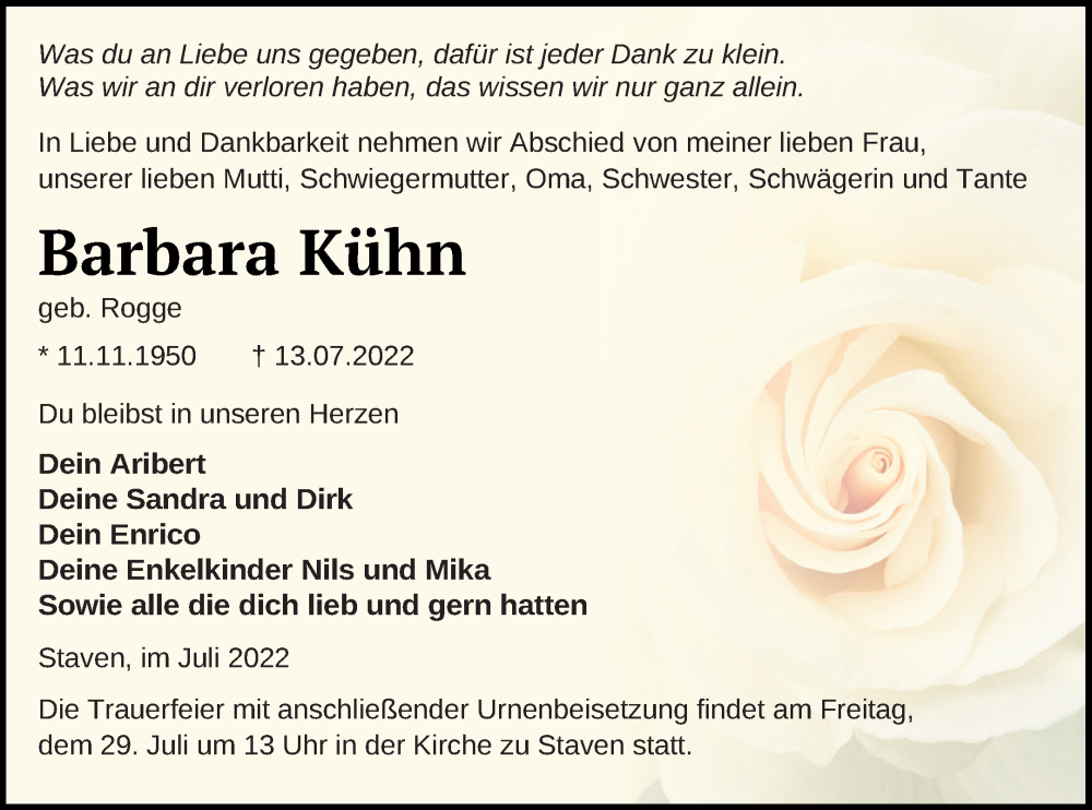  Traueranzeige für Barbara Kühn vom 22.07.2022 aus Neubrandenburger Zeitung