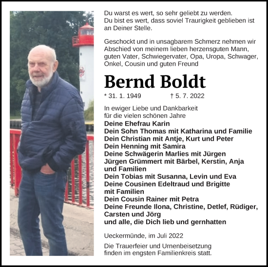 Traueranzeige von Bernd Boldt von Haff-Zeitung