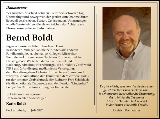 Traueranzeige von Bernd Boldt von Haff-Zeitung