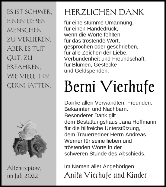 Traueranzeige von Berni Vierhufe von Neubrandenburger Zeitung