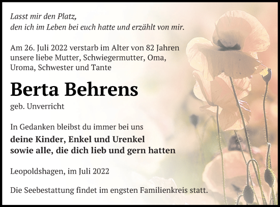 Traueranzeige von Berta Behrens von Haff-Zeitung