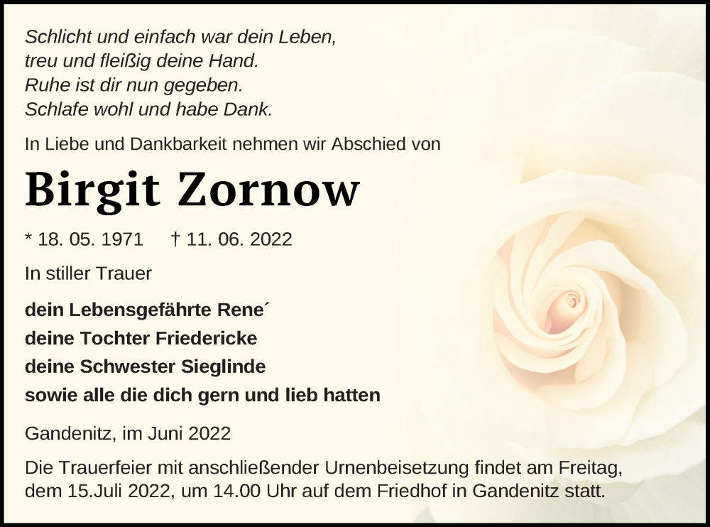  Traueranzeige für Birgit Zornow vom 08.07.2022 aus Templiner Zeitung