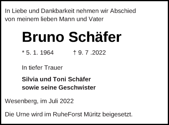 Traueranzeige von Bruno Schäfer von Strelitzer Zeitung