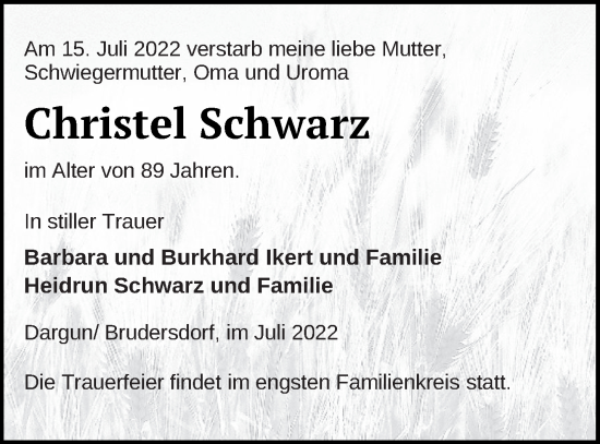 Traueranzeige von Christel Schwarz von Mecklenburger Schweiz