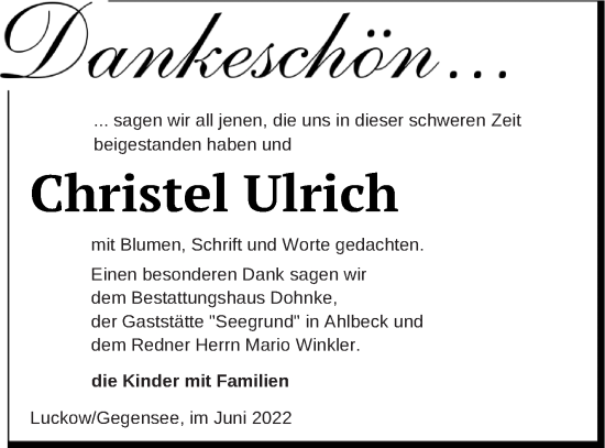 Traueranzeige von Christel Ulrich von Haff-Zeitung