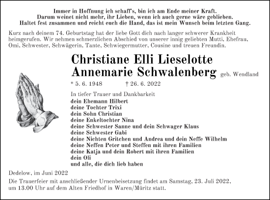 Traueranzeige von Christiane Elli Lieselotte Annemarie Schwalenberg von Müritz-Zeitung