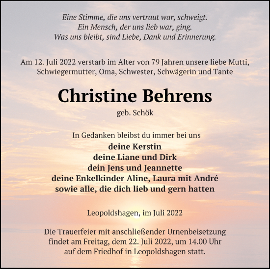 Traueranzeige von Christine Behrens von Haff-Zeitung