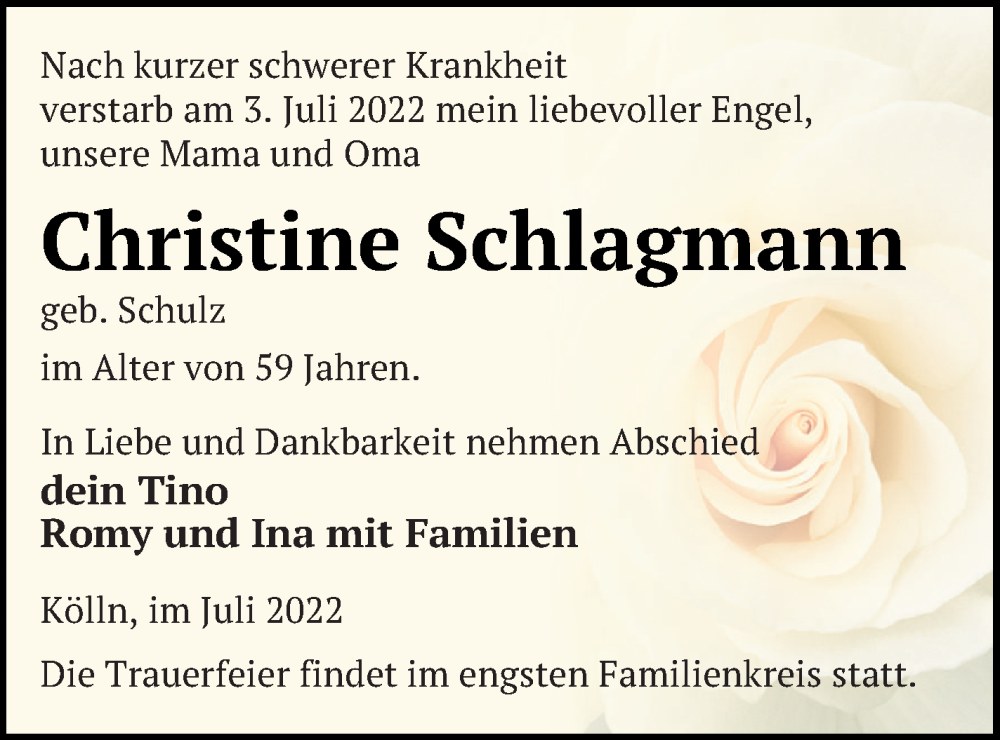  Traueranzeige für Christine Schlagmann vom 08.07.2022 aus Neubrandenburger Zeitung