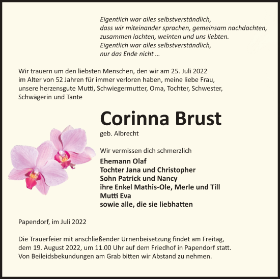 Traueranzeige von Corinna Brust von Pasewalker Zeitung