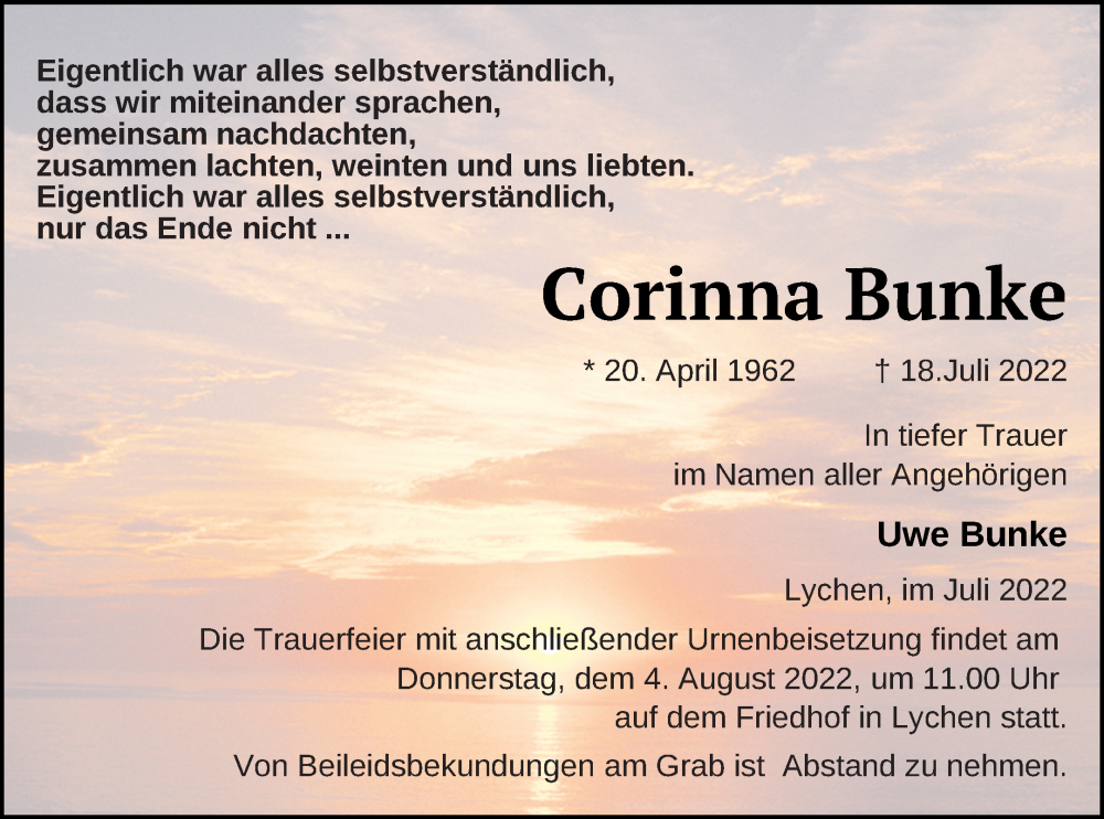  Traueranzeige für Corinna Bunke vom 26.07.2022 aus Templiner Zeitung