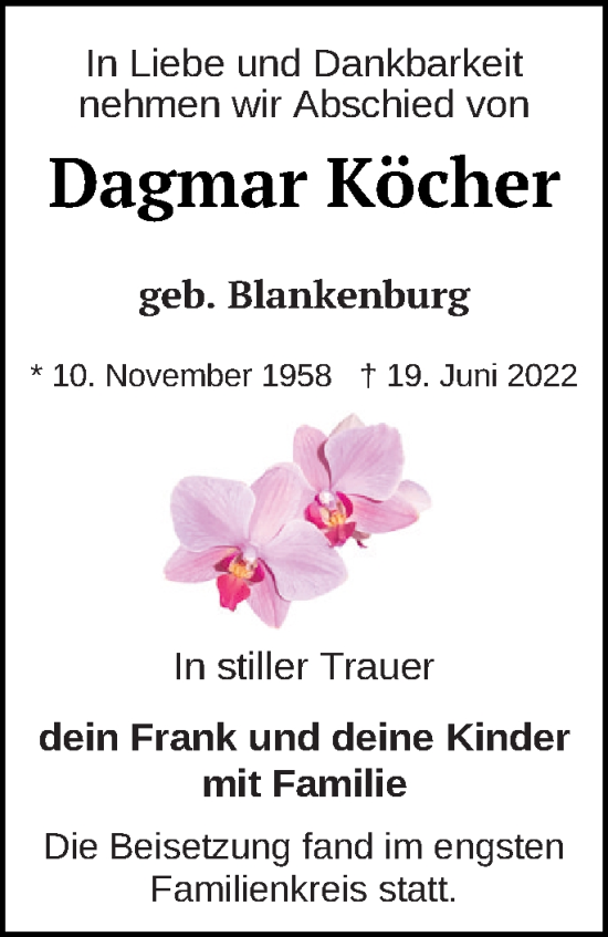 Traueranzeige von Dagmar Köcher von Müritz-Zeitung