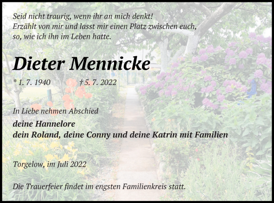 Traueranzeige von Dieter Mennicke von Haff-Zeitung