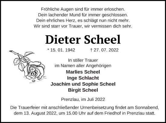 Traueranzeige von Dieter Scheel von Prenzlauer Zeitung