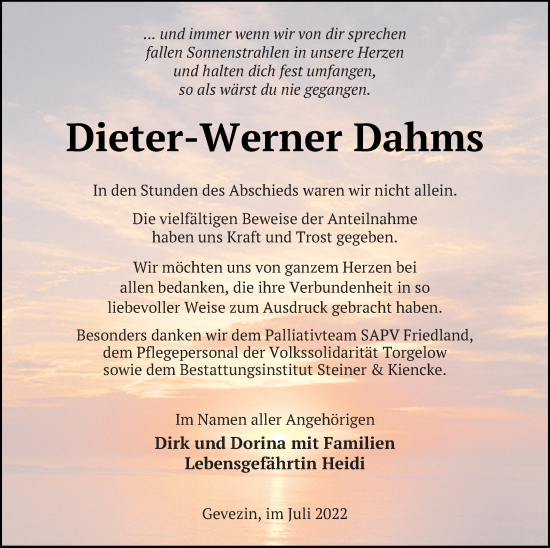 Traueranzeige von Dieter-Werner Dahms von Vorpommern Kurier