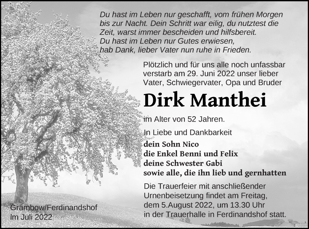  Traueranzeige für Dirk Manthei vom 22.07.2022 aus Pasewalker Zeitung