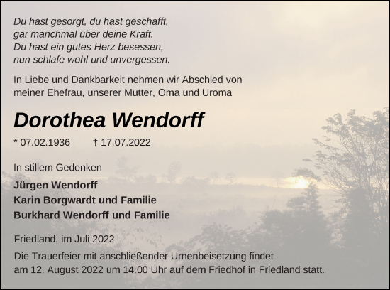 Traueranzeige von Dorothea Wendorff von Neubrandenburger Zeitung