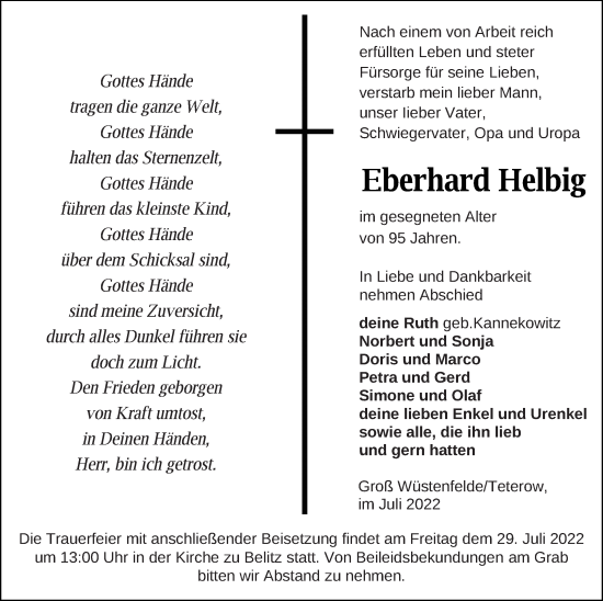 Traueranzeige von Eberhard Helbig von Mecklenburger Schweiz