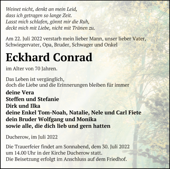 Traueranzeige von Eckhard Conrad von Vorpommern Kurier