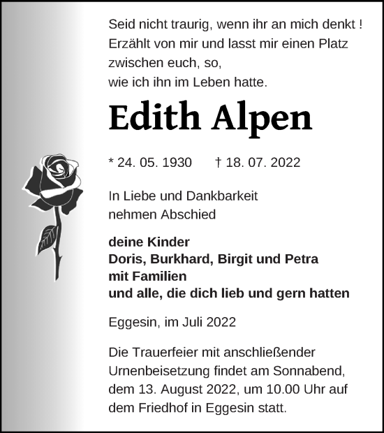 Traueranzeige von Edith Alpen von Haff-Zeitung