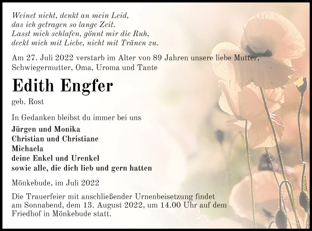  Traueranzeige für Edith Engfer vom 30.07.2022 aus Haff-Zeitung