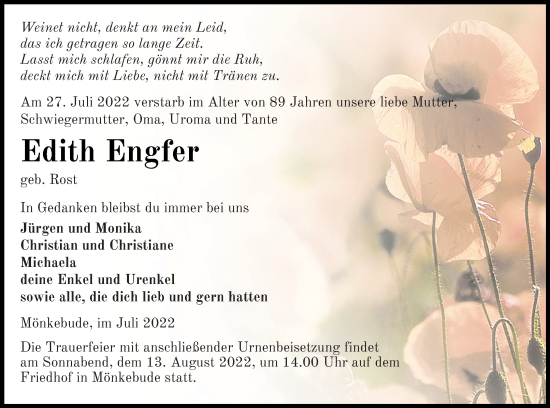 Traueranzeige von Edith Engfer von Haff-Zeitung