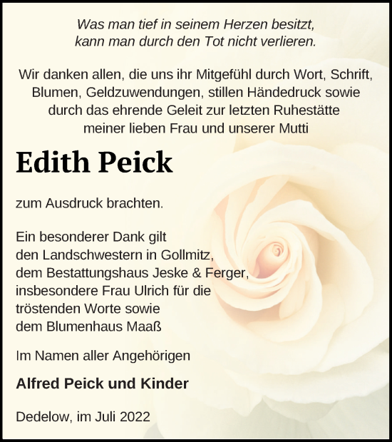 Traueranzeige von Edith Peick von Prenzlauer Zeitung