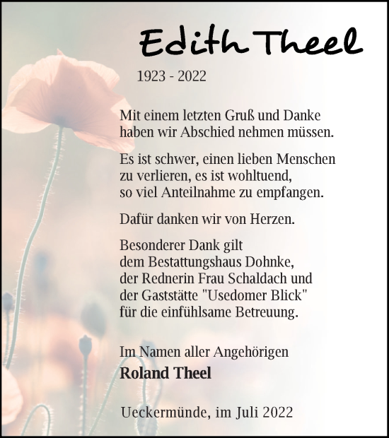 Traueranzeige von Edith Theel von Haff-Zeitung