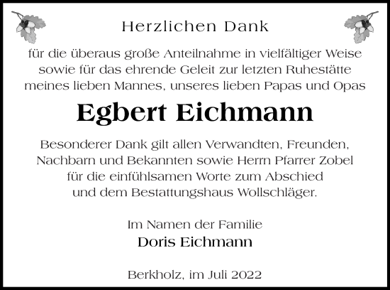 Traueranzeige von Egbert Eichmann von Templiner Zeitung