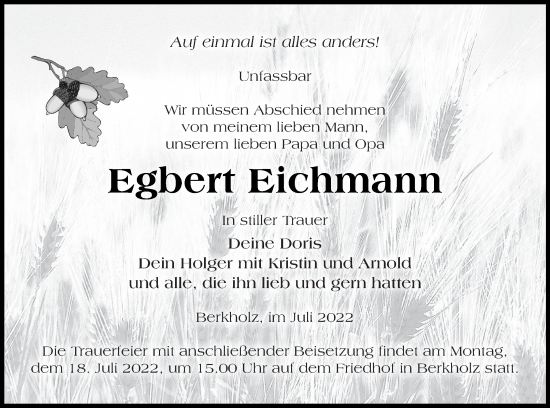 Traueranzeige von Egbert Eichmann von Templiner Zeitung