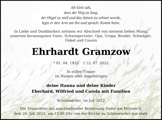 Traueranzeige von Ehrhardt Gramzow von Prenzlauer Zeitung