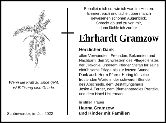 Traueranzeige von Ehrhardt Gramzow von Prenzlauer Zeitung