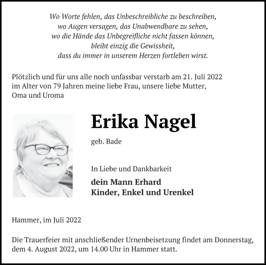 Traueranzeige von Erika Nagel von Haff-Zeitung