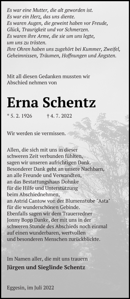 Traueranzeige von Erna Schentz von Haff-Zeitung