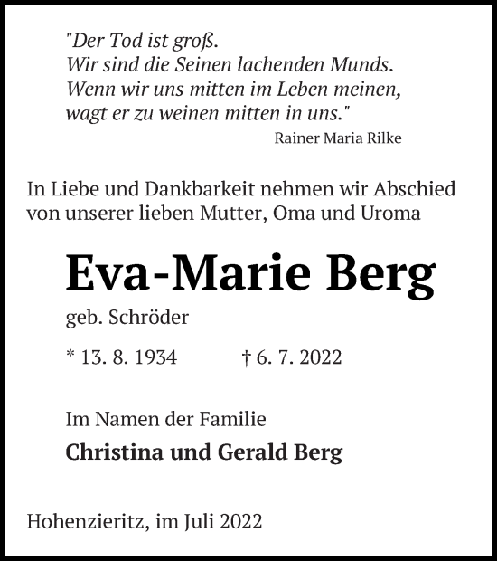 Traueranzeige von Eva-Marie Berg von Müritz-Zeitung