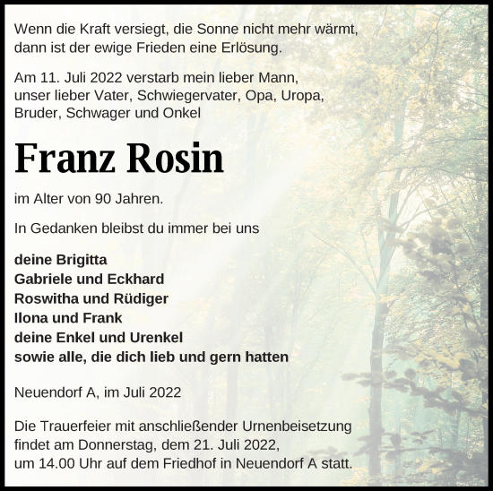 Traueranzeige von Franz Rosin von Haff-Zeitung