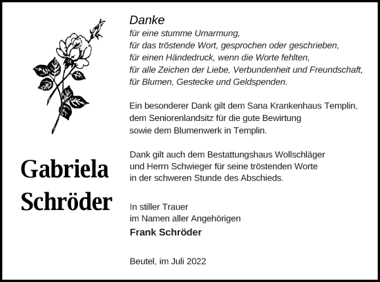 Traueranzeige von Gabriela Schröder von Templiner Zeitung