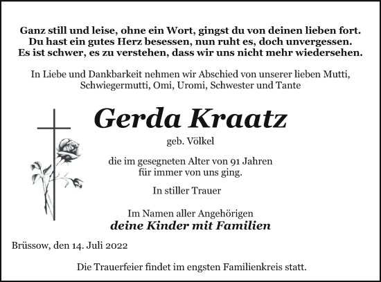 Traueranzeige von Gerda Kraatz von Prenzlauer Zeitung