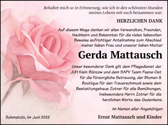 Traueranzeige von Gerda Mattausch von Vorpommern Kurier