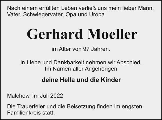 Traueranzeige von Gerhard Moeller von Müritz-Zeitung