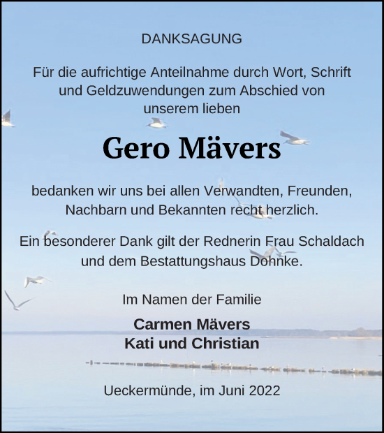 Traueranzeige von Gero Mävers von Haff-Zeitung