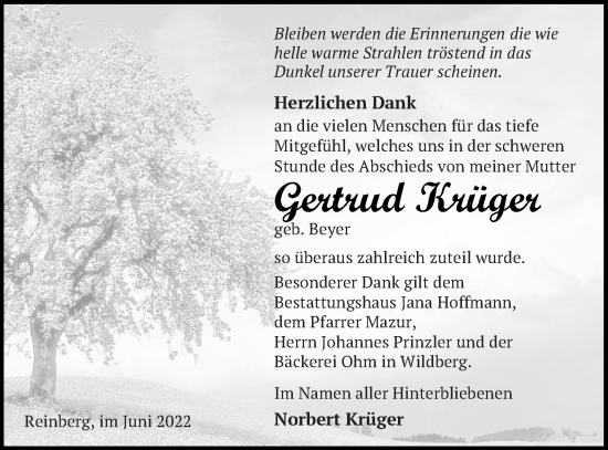 Traueranzeige von Gertrud Krüger von Neubrandenburger Zeitung