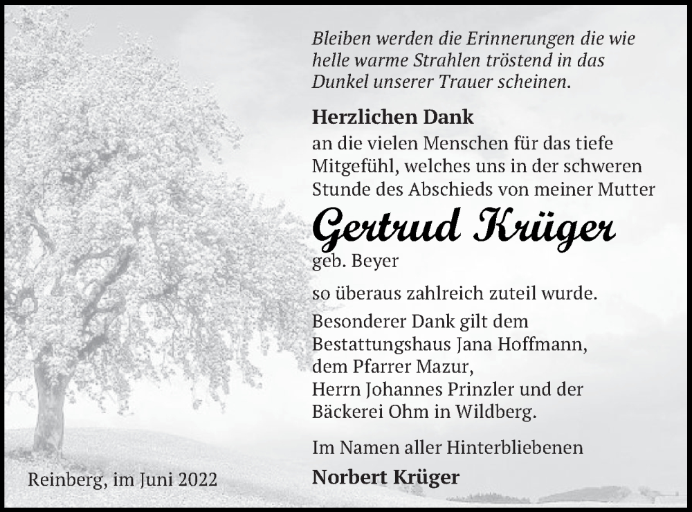  Traueranzeige für Gertrud Krüger vom 05.07.2022 aus Neubrandenburger Zeitung