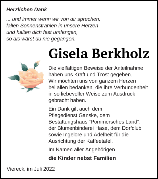 Traueranzeige von Gisela Berkholz von Pasewalker Zeitung