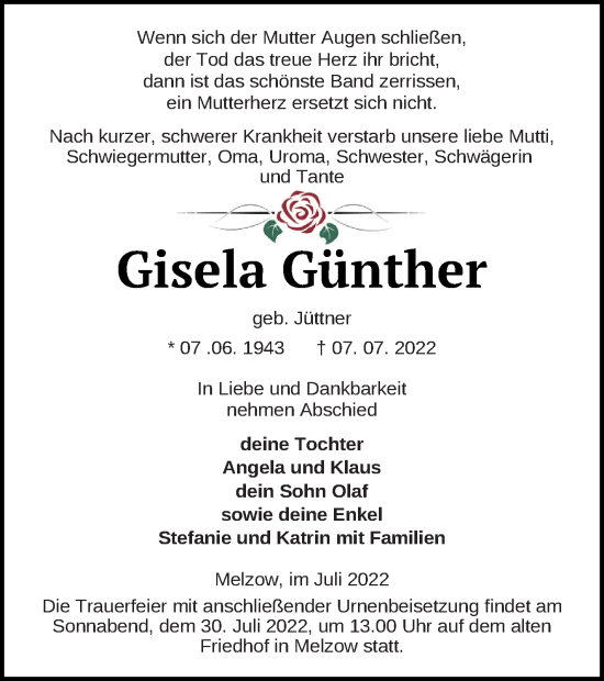 Traueranzeige von Gisela Günther von Prenzlauer Zeitung